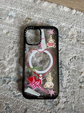 Casetify Black Clear Phone Case with Pink Cherries & Teddy Stickers